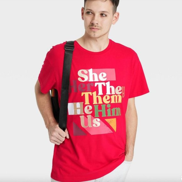 Pronouns Short Sleeve Crewneck Red T-Shirt- LGBTQIA + Pride Collection - Picture 2 of 5